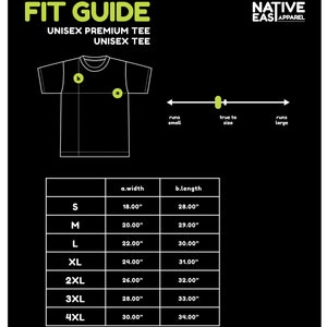 May include: A black graphic showing a fit guide for a unisex premium tee. The guide includes a diagram of a t-shirt with measurements in inches for width and length, ranging from size small (18" width, 28" length) to 4XL (30" width, 34" length).