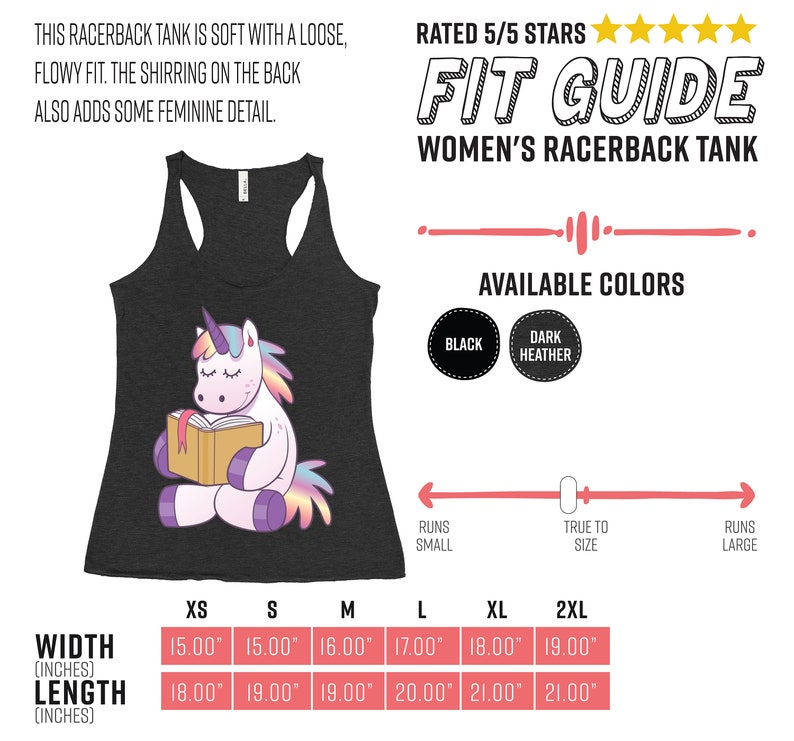 Pode incluir: Top sem mangas cinza escuro com um unic&oacute;rnio de desenho animado lendo um livro. O unic&oacute;rnio tem uma crina e cauda coloridas. O top tem o texto "Fit Guide Women's Racerback Tank" e est&aacute; dispon&iacute;vel em preto e cinza escuro.