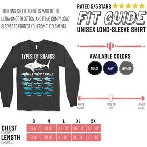 Pu&ograve; includere: Maglietta unisex a maniche lunghe grigio scuro con una grafica di vari tipi di squali. La maglietta include il testo "TYPES OF SHARKS" ed &egrave; disponibile in nero, blu navy e asfalto. Taglie del torace da 91.4 cm a 132.1 cm, lunghezze da 71.1 cm a 81.3 cm.