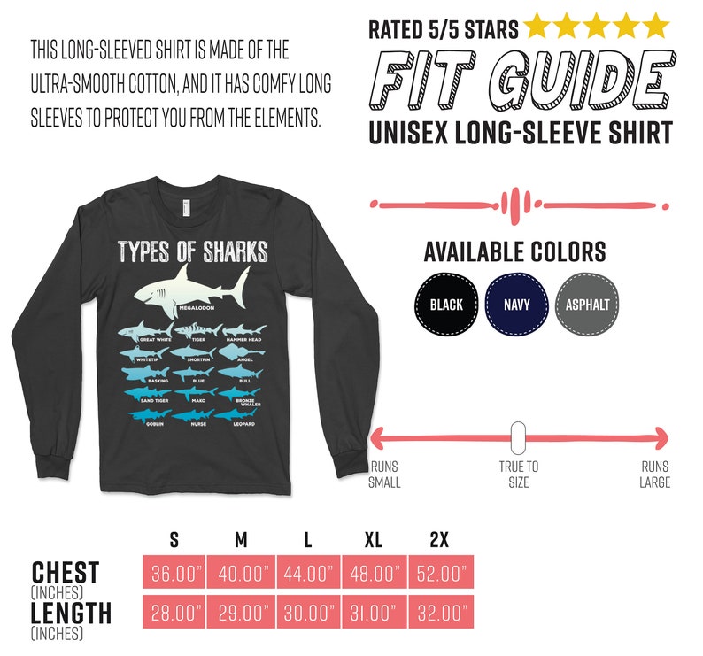 Pu&ograve; includere: Maglietta unisex a maniche lunghe grigio scuro con una grafica di vari tipi di squali. La maglietta include il testo "TYPES OF SHARKS" ed &egrave; disponibile in nero, blu navy e asfalto. Taglie del torace da 91.4 cm a 132.1 cm, lunghezze da 71.1 cm a 81.3 cm.
