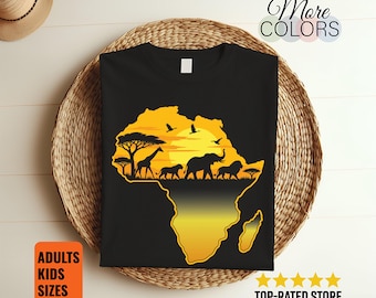 Africa Safari Map T-Shirt, Sunset Wildlife Design, Elephant Lion Giraffe Tee, African Adventure Gift, Nature Lover, Travel Vacation Souvenir
