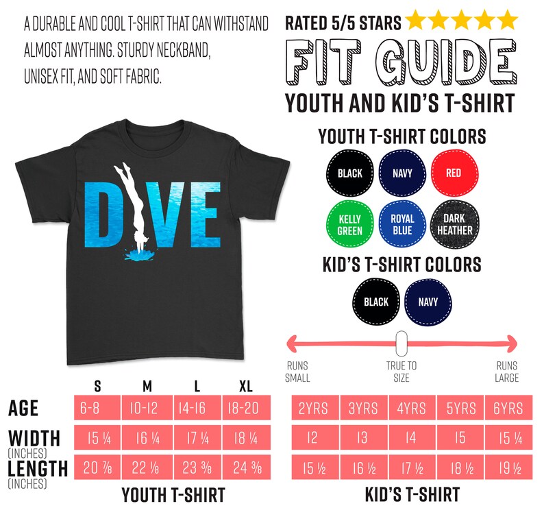 May include: A black t-shirt with the word "DIVE" in blue and white text. A silhouette of a person diving into water is above the word "DIVE". The t-shirt is available in sizes S, M, L, and XL. A size chart is included for youth and kid's sizes. The chart shows the age range, width in inches, and length in inches for each size. The chart also shows the corresponding size in years for youth and kid's sizes.