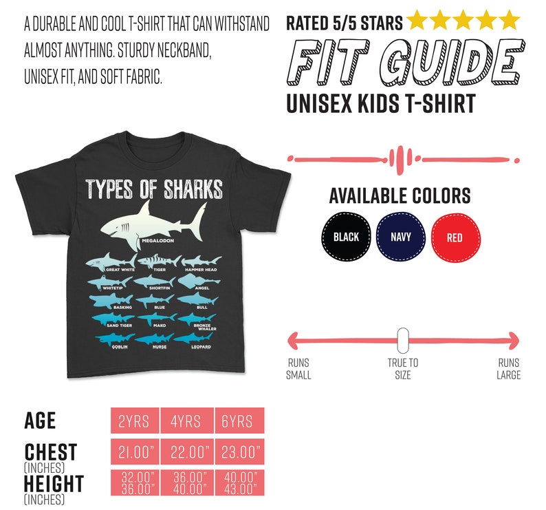 Pu&ograve; includere: T-shirt nera unisex per bambini con la scritta "TYPES OF SHARKS" e illustrazioni di squali. Disponibile in nero, blu navy e rosso. Include una guida alle taglie e una tabella delle taglie con misure in cm per bambini dai 2 ai 6 anni.