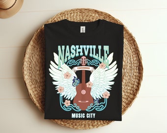 Camiseta retro vintage de Nashville, Tennessee, con guitarra, ciudad de la música country, guitarrista, regalo, regalos para amantes de Nashville, atuendo de camiseta para festivales de música.