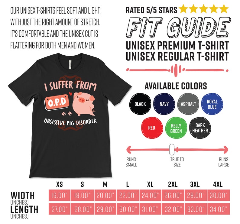 May include: Black unisex t-shirt with a pink pig graphic and the text "I suffer from O.P.D. Obsessive Pig Disorder". The shirt is available in a variety of sizes, from XS to 4XL, and in a variety of colors, including black, navy, asphalt, royal blue, red, kelly green, and dark heather.