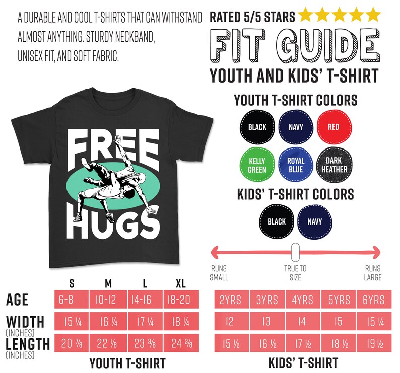May include: A black t-shirt with a white graphic of two wrestlers with the text "FREE HUGS". The t-shirt is available in sizes S, M, L, and XL. A size chart is included for youth and kids' t-shirts, showing the width and length in inches for each size.