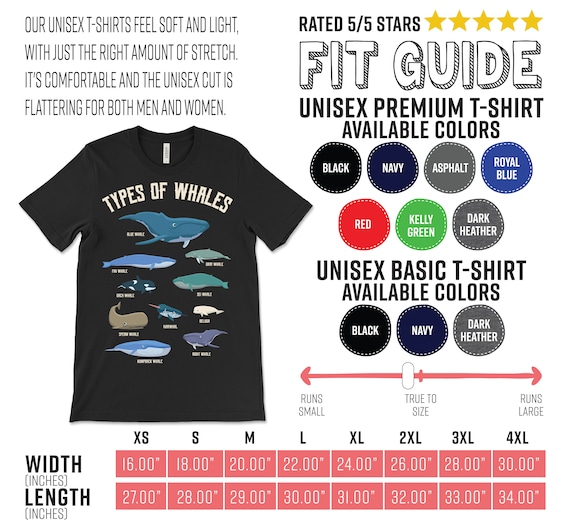 Types of Whales T-shirt, Cute Ocean, Mammals Guide, Blue Fin, Gray