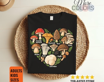 Leafy Mushroom Heart Shirt, Woodland Fungi Collage Tee, Cottagecore Nature Lover Gifts, Fern Botanical Style Art, Mycology Enthusiast Outfit