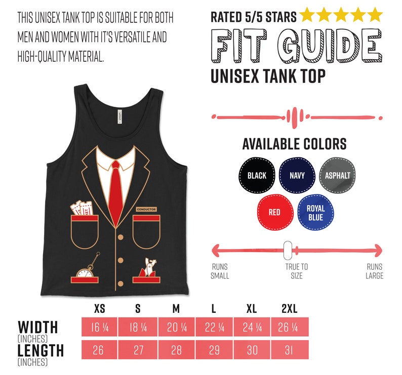 K&ouml;nnte beinhalten: Schwarzes Unisex-Tanktop mit einem Dirigentenanzug-Design, einschlie&szlig;lich roter Krawatte und Taschen-Details. Das Shirt hat eine Gr&ouml;&szlig;entabelle und ist in mehreren Farben erh&auml;ltlich. Gr&ouml;&szlig;en von XS bis 2XL, mit Breiten von 41.3 bis 66.7 cm und L&auml;ngen von 66 bis 78.7 cm.