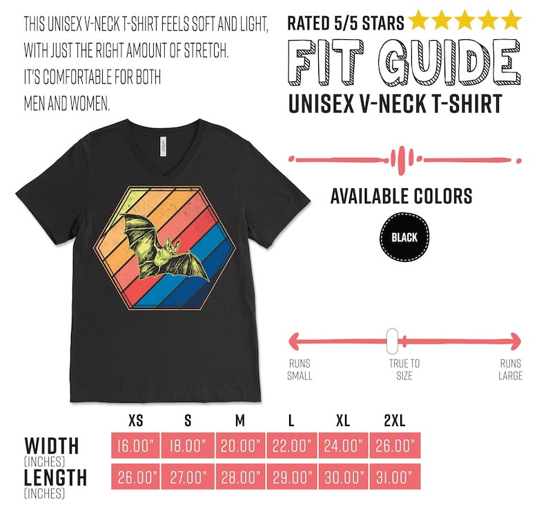 May include: Black unisex V-neck t-shirt featuring a bat design inside a retro-style hexagon. The shirt includes the text "THIS UNISEX V-NECK T-SHIRT FEELS SOFT AND LIGHT..." and size measurements in inches. Available in black.