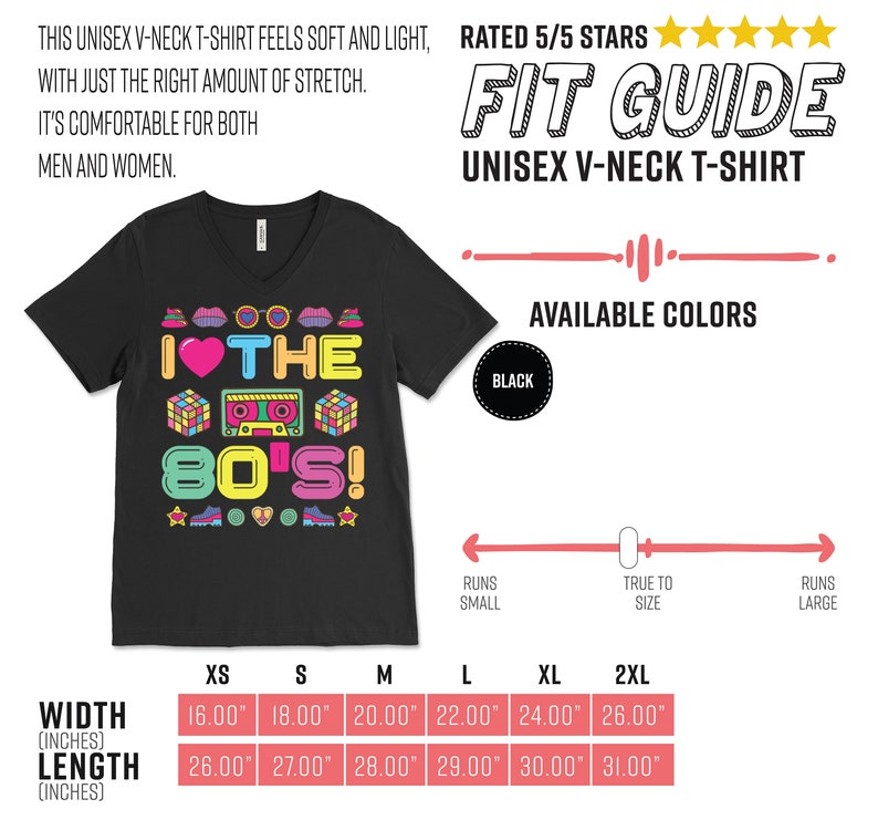 Puede incluir: Camiseta negra de cuello en V con un estampado gr&aacute;fico de una cinta de casete y el texto "I &hearts; THE 80'S!" en estilo retro colorido. La tabla de tallas muestra las medidas en pulgadas para XS, S, M, L, XL y 2XL.