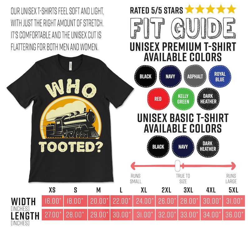 Może przedstawiać: Czarny T-shirt z ż&oacute;łtym słońcem i kresk&oacute;wkowym pociągiem z nadrukiem "Who Tooted?" Dostępny w rozmiarach od XS do 5XL. W zestawie znajduje się tabela rozmiar&oacute;w z wymiarami szerokości i długości w calach.