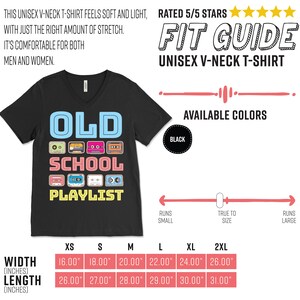 May include: Black unisex V-neck t-shirt with the text "OLD SCHOOL PLAYLIST" and cassette tape graphics. The shirt is available in black and comes in sizes XS to 2XL. Width measurements range from 16.00" to 26.00", and length measurements range from 26.00" to 31.00".