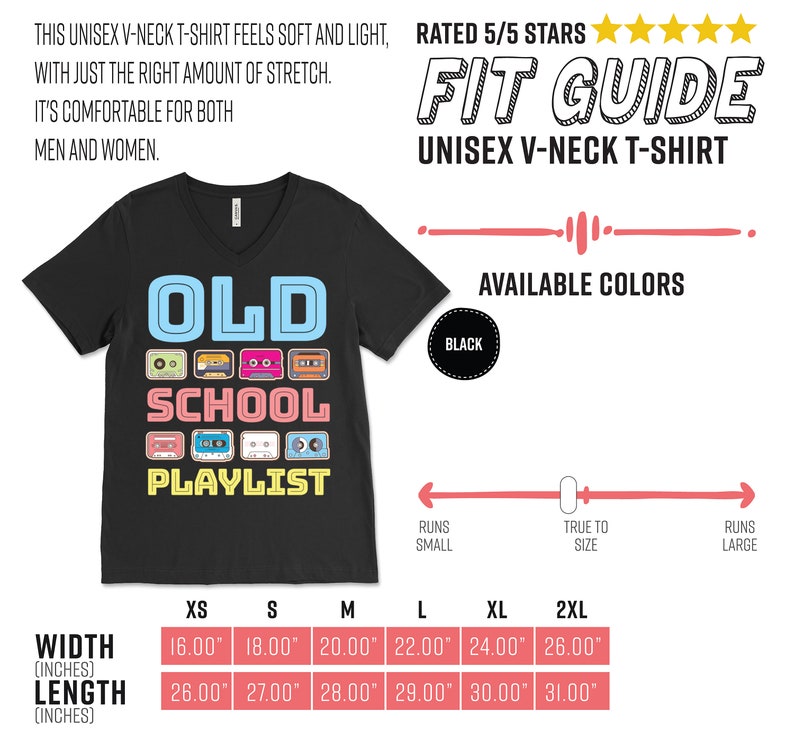 May include: Black unisex V-neck t-shirt with the text "OLD SCHOOL PLAYLIST" and cassette tape graphics. The shirt is available in black and comes in sizes XS to 2XL. Width measurements range from 16.00" to 26.00", and length measurements range from 26.00" to 31.00".