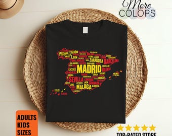 Spain Map Shirt, Madrid City Names Print, Spanish Typography Design, Red Yellow Travel Souvenir, Heritage Pride Gift, Europe Vacation Outfit