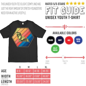 May include: Black unisex youth t-shirt with a bat graphic inside a retro-style hexagon. The graphic features a bat with a colorful sunset design. Available in black, navy, red, royal blue, and kelly green. The shirt is light, comfy, and has the right amount of stretch.
