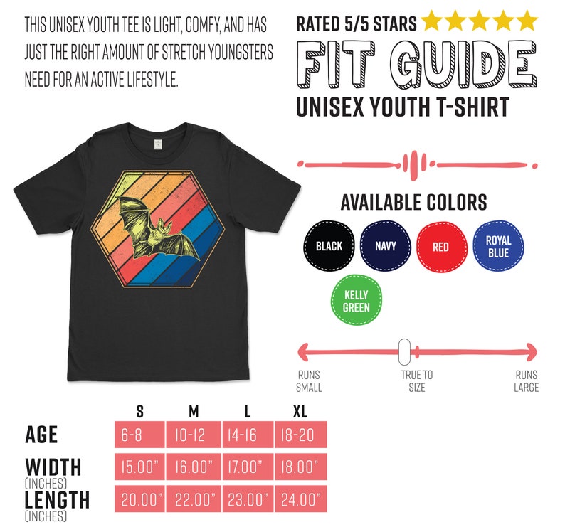 May include: Black unisex youth t-shirt with a bat graphic inside a retro-style hexagon. The graphic features a bat with a colorful sunset design. Available in black, navy, red, royal blue, and kelly green. The shirt is light, comfy, and has the right amount of stretch.