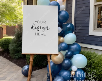 Welcome Sign Mockup, Blue and Gold Party Balloons, Birthday, Baby Shower, 3x4 Easel Sign, Smart Mockup, PSD Template and JPG Image
