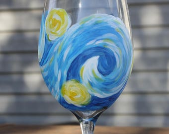 Vincent van Gogh Wine Glass, Starry Night Wine Glass, Handpainted Glassware, Hanpainted 12oz Wine Glass, Custom, Impressionist