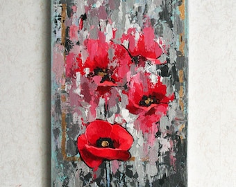 Red Poppies Abstract Painting: Flower Art Original Textured Artwork on Canvas (12x20), Hand painted art from Ukraine