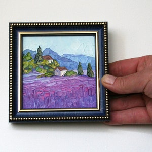 Lavender fields Provence painting Tiny framed art French landscape oil painting Palette knife art Original artwork Mothers Day gift