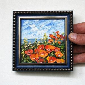 Kalifornischer Mohn Gemälde Winzige gerahmte Kunst Mini Ölgemälde Original Kunstwerk Miniatur Wandkunst (4x4)