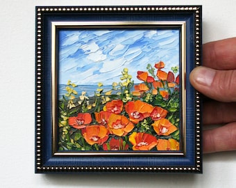 California poppy painting Tiny framed art Mini oil painting Original artwork Miniature wall art (4x4)