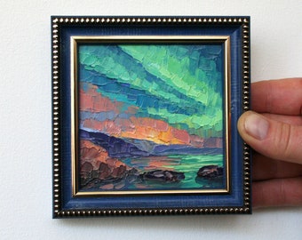Northern Lights Norway Painting Night Sky Original Art Miniature Painting Framed Wall Art Aurora Borealis Small Artwork