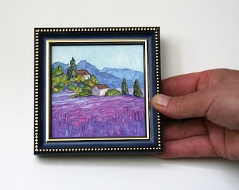 Lavender fields Provence painting Tiny framed art French landscape oil painting Palette knife art Original artwork Mothers Day gift