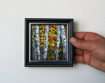 Vermont painting Birch tree original artwork Tiny framed art Fall Landscape painting by palette knife Mini oil painting Mother's Day gift