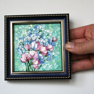 Tiny framed art Wildflower miniature painting 4x4 Birth flower art Original artwork Impasto painting Mini wall art Mother Day gift