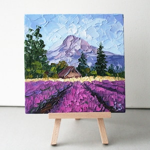 Mt Hood art Oregon landscape painting Lavender fields Valentines Day gift Palette knife art Mount Hood small oil painting Original art