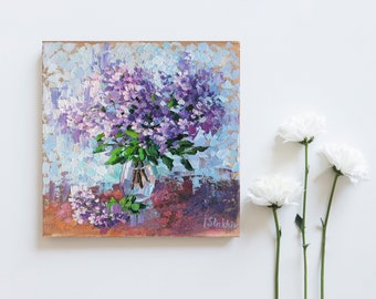 Peinture lilas art mural fleur Oeuvre d'art florale originale petite peinture à l'huile sur toile 8 x 8 décoration de chambre art couteau à palette cadeau fête des mères