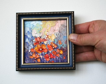 Pequeña pintura al óleo enmarcada miniatura 4x4 Flores abstractas arte original