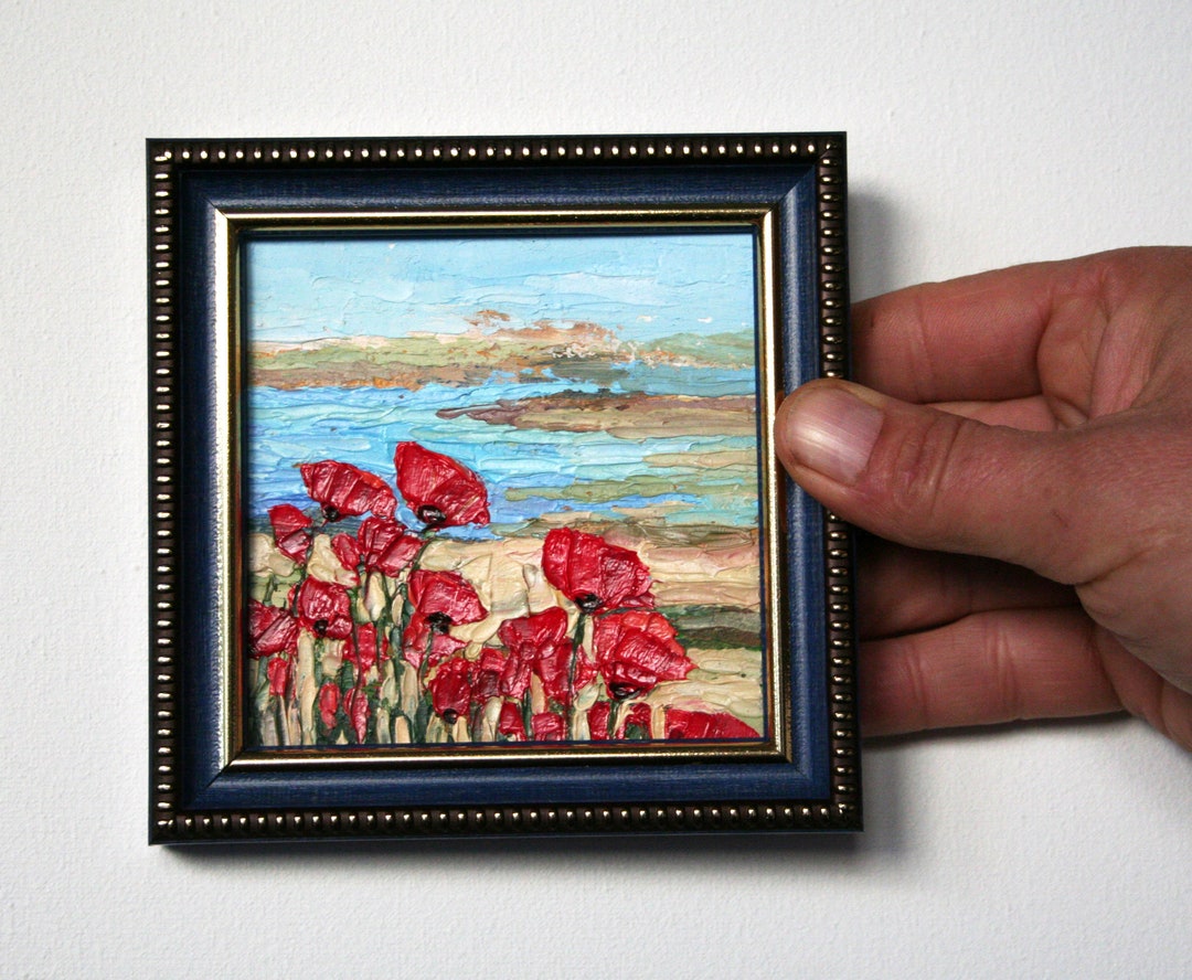 Tiny Framed Art California Poppy Floral Oil Painting Coastal Etsy