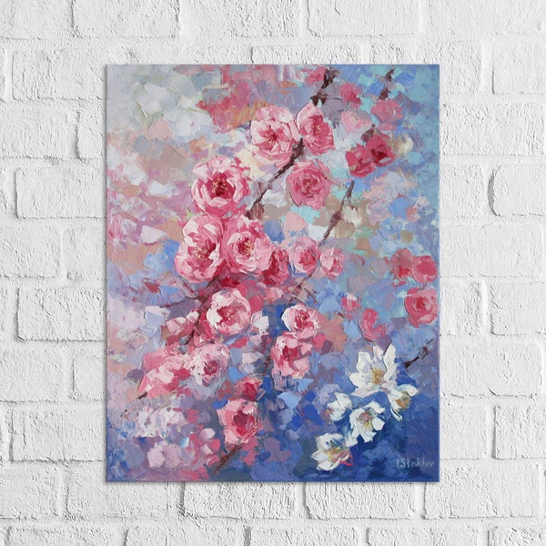 Cherry blossom painting on canvas Original artwork Palette knife art Abstract floral oil painting Mothers Day gift