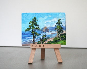 Miniature Painting Cannon Beach Oregon Art 3x4 Mini Painting with Easel Desk Decorations Mothers Day gift Original Artwork