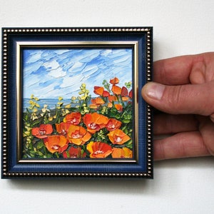 California poppy painting Tiny framed art Mini oil painting Original artwork Miniature wall art Mothers Day gift