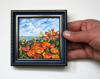 California poppy painting Tiny framed art Mini oil painting Original artwork Miniature wall art Mothers Day gift