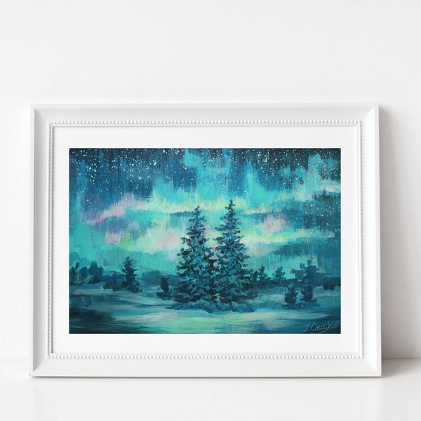 Norway painting Northern lights art Night sky painting Aurora borealis art Scandinavian original artwork Mothers Day gift