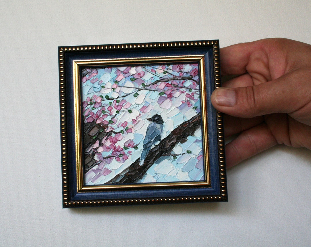 Cherry Blossom Art Bird in Tree Painting Tiny Framed Art Etsy