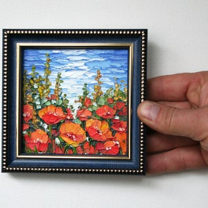 California poppy painting Tiny framed art Small floral oil painting Palette knife art Original artwork Poppy field painting Mothers Day gift