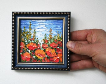 California poppy painting Framed small oil painting Original artwork Poppy field art 4x4