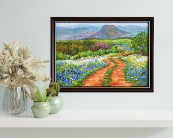 Texas Bluebonnet Painting, Texas Hill Country Art, Landscape Original Oil Painting, Framed Wall Art Mothers Day gift