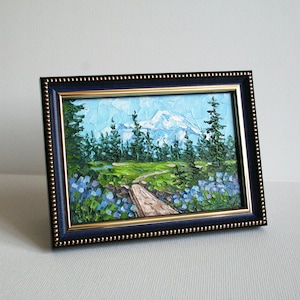 Mount Rainier national park painting Landscape original art Mini oil painting Mothers day gift Framed wall art Bluebonnet painting