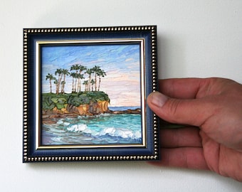 Laguna Beach Oil Painting: Tiny Framed California Seascape Palette Knife Art