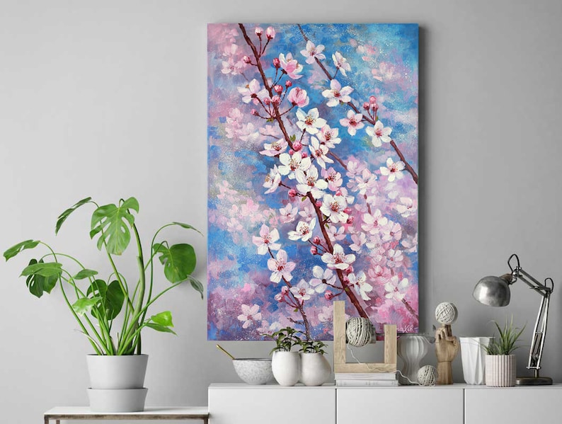 Cherry Blossom Painting Flower Large Vertical Wall Art Cherry Etsy