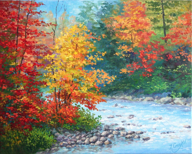 Autumn Oil Painting Fall Landscape Wall Art Orange Trees | Etsy