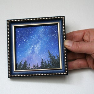 Night sky painting Original artwork Celestial wall art Milky way Galaxy decor Space painting by PrettyArtBoutique Tiny framed art Skyscape