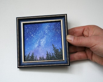 Night sky painting Original artwork Milky way Galaxy decor Space oil painting Framed mini art by PrettyArtBoutique